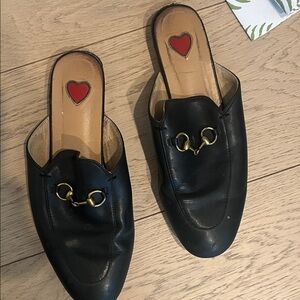 REVOLVE Black Leather Mules with Gold Detail